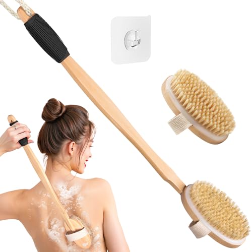 Wood Body Brush Set,19.3¡¯¡¯ Long Handle Bath Body Back Scrubber Soft & Stiff Bristles Detachable 2 Brush Heads Gentle Exfoliator Remove for Wet & Dry Use