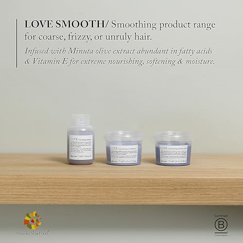 Davines LOVE Smoothing Shampoo, Taming Anti-Frizz Gentle Cleansing Action for Wavy, Unruly, Coarse Hair - Gives Shine, Elasticity, Softness & Sleek Look with Olive Extract, Travel Size, 2.54 Fl Oz