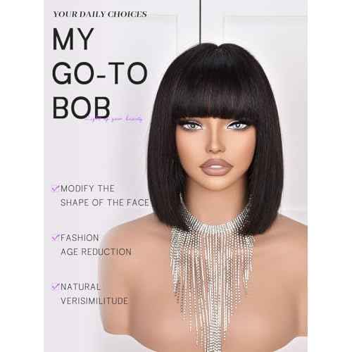 Bob Wig Human Hair 210% Density Bob Wig with Bangs 100% Human Hair Wigs for Black Women Pre-Bleached Glueless Straight Bob Wigs(10Inch,black bob wig)