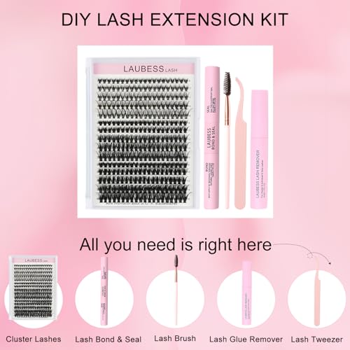 Lash Extension Kit 300 Pcs Lash Clusters Kit Lash Bond and Seal Waterproof DIY Lash Extension Kit Lash Remover Eyelash Brush Lash Tweezers Eyelash Extension Kit (Set 20D/40D/50D-0.07C-8-16Mix)