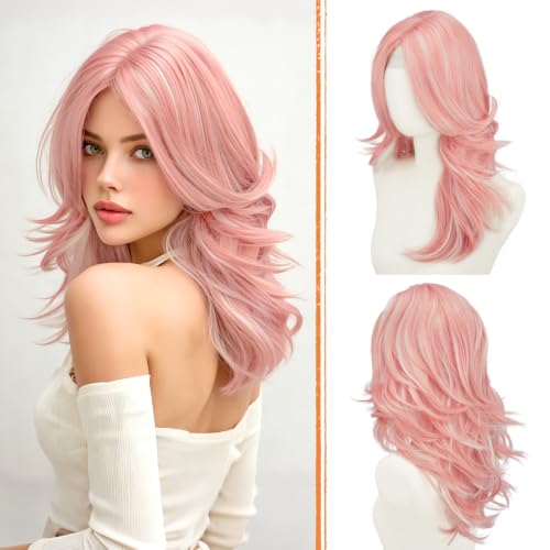 Haloo 20 Inch Pink Layered Wig with Curtain Bangs - Lace Front