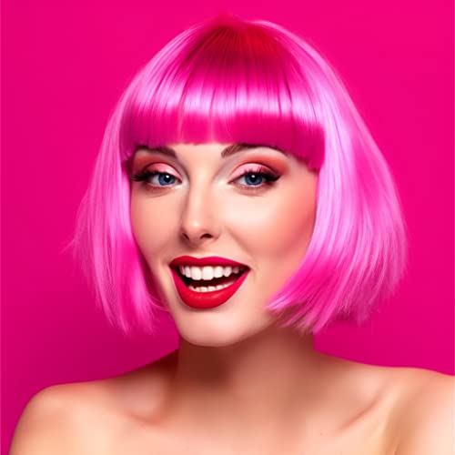 Short Bob Wig with Bangs - Colorful Synthetic Cosplay Wig for Women