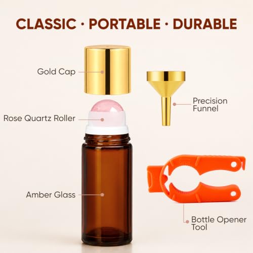 Rose Quartz Roller Bottles 50ml - 2 Pack Amber Glass