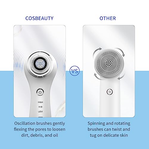 COSBEAUTY Face Scrubber Exfoliator Sonic Facial Cleansing Brush with 5 Interchangeable Brush Head,Face Brush Cleanser for Men IPX7 Waterproof,Wireless Rechargeable for Massaging,Deep Cleansing(White)