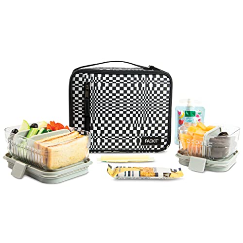 PackIt Freezable Classic Lunch Box, Checked Out, Built with EcoFreeze Technology, Collapsible, Reusable, Zip Closure With Zip Front Pocket and Buckle Handle, Perfect for School Lunches