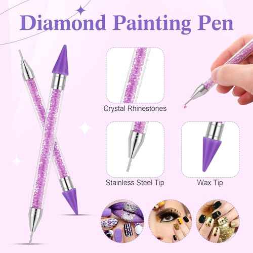 Tatuo Rhinestone Picker Tool Set Wax Pen for Rhinestones Diamond Art Painting Dual Head Dotting Pen with 2 Extra Wax Tips and 1 Nail Art Tweezer for Nail Art DIY Crafts (Purple)