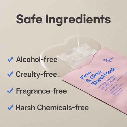 Firm & Glow Sheet Mask with Vegan Collagen Semi-Gel Sheet Biodegradable 100% Cellulose for Anti-Aging Hydration Elasticity Peptide Complex-9 Niacinamide 5 Count