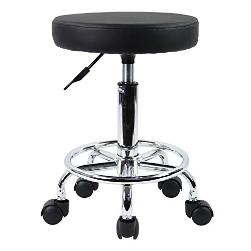 KKTONER PU Leather Rolling Stool with Foot Rest - Black