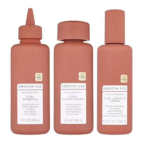 Kristin Ess Curl Regimen Bundle - Moisture Rich Curl Shampoo and Conditioner + Ultra Hydrating Curl Leave-In Cream, Vegan, Sulfate, Paraben and Silicone Free, Color + Keratin Safe, 3-pack