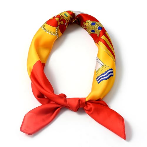 YINECO 27.5-inch Square Flag Bandana Head Scarf for Women - Red & Yellow Spain, Imitation Chiffon Silk Hair Neck Accessory