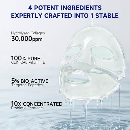 Deep Hydrating Overnight Collagen Hydrogel Mask, Bio-Collagen Facial Mask for Pore-Refining Appearance & Skin Suppleness, Face Sheet Mask with Ferment Extract, Vitamin E & Peptides, 37gx5ea
