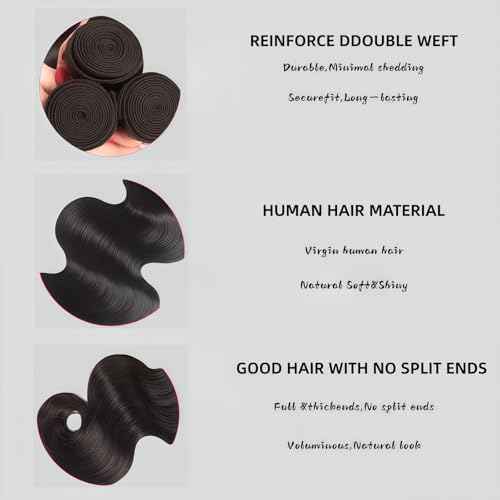 Body Wave Human Hair Bundles 18 20 22 Inch Black 3 Bundles Deals for Black Women Virgin Human Hair 12A Double Weft Quick Brazilian Hair Weave