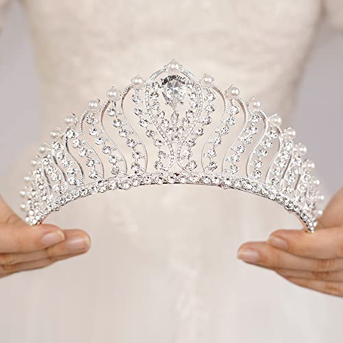 Silver Pearl Crown for Women - Wedding Tiara, Bridal Hair Accessories, Queen Crown & Prom Tiara