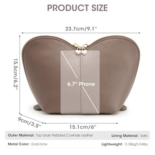 Kattee Leather Makeup Bag, Travel Large capacity Comestic Bag for Women, Heart Shaped Portable Organizer Toiletry Bag for Working,Khaki