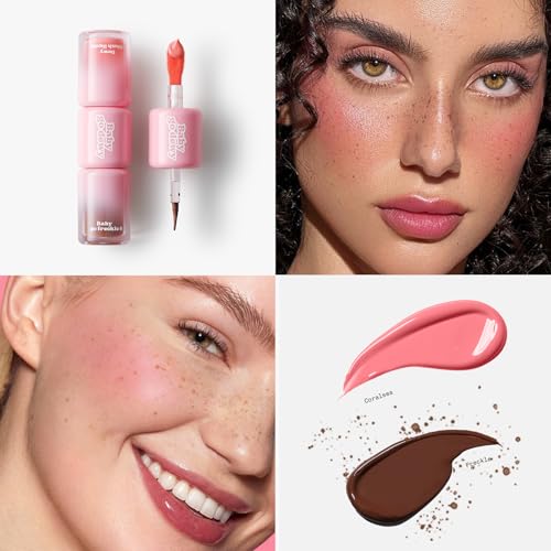 [Blush & Freckles 2-in-1] Liquid Blush for Cheeks, Freckle Pen, Buildable & Waterproof, Long-lasting Formula for Dewy Sunkissed Finish (Coralsea)