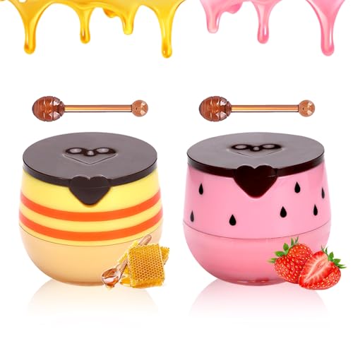 2PCS Bee Lip Balm Honey Pot,Honey Lip Balm With Honey Spoon,Honey Lip Mask Moisturizing Hydrating Prevents Dry and Chapped Lips,Lip Exfoliating Bee Lip Balm£¨Honey+Strawberry£©