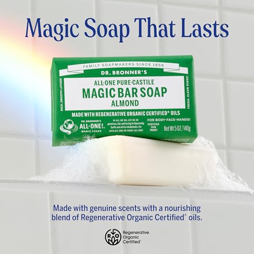 Dr. Bronner's Pure-Castile Magic Bar Soap (Almond, 5 ounce, 12-Pack)-Made with Regenerative Organic Certified Oils, For Face, Body, Hair, Gentle, Vegan, Cruelty-free Non-GMO
