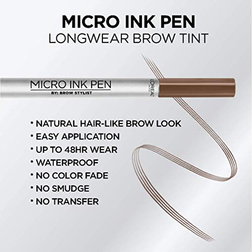 L'Oreal Paris Micro Ink Pen by Brow Stylist, Longwear Brow Tint, Hair-Like Effect, Up to 48HR Wear, Precision Comb Tip, Light Brunette, 0.033 fl; oz.