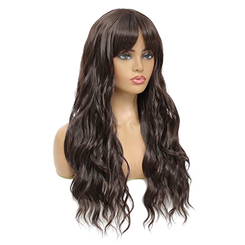 Long Curly Wavy Wig with Bangs - Dark Brown Synthetic Hair
