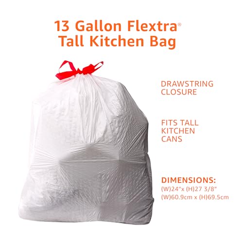 Amazon Basics 13 Gallon Tall Kitchen Drawstring Trash Bags 50 Count - Flextra Tear-Resistant, Recycled Material