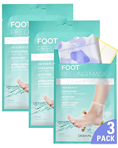 DERMAL KOREA Foot Peeling Mask 3 Pack For Dry Foot And Cracked Heel & Callus With Aloe Vera And Collagen - Exfoliating Peel Mask With Aha, Bha, & Pha And For Moisturizing, Soothing & Refreshing Feet