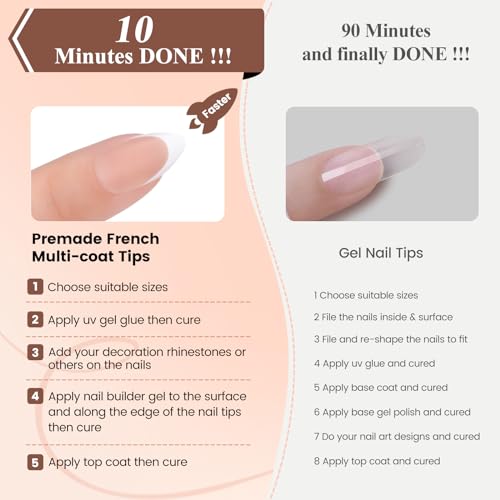 HGHDBT French Gel Nail Tips - 240PCS French Tip Press on Nails Brown Short Almond MULTI-COAT Tips Premade Tip Primer & Base Coat, No Need to File Fake Nails for Nail Art DIY