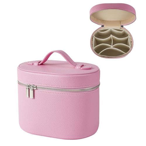 Pink Aesthetic Makeup Bag, Travel Makeup Vanity Case with Divider and Handle, Waterproof PU Leather Cosmetic Organizer Bag, Portable Toiletry Bag for Women(02Pink)