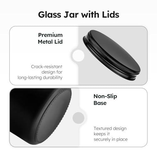 8 oz Black Glass Jars with Metal Lids - Set of 3, Black-Black Lids