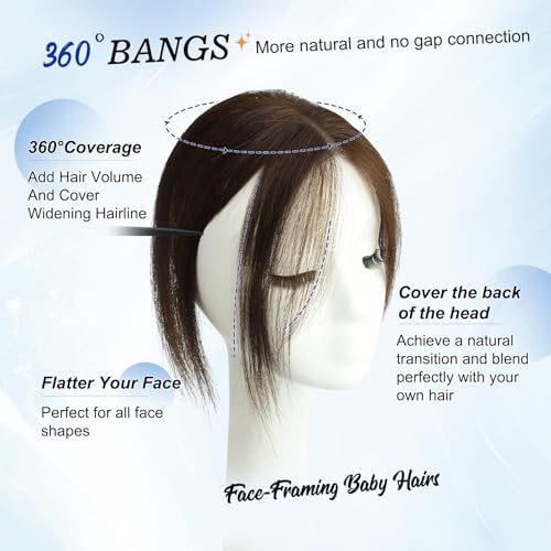 WORLDSTAR Human Hair Bangs Hair Topper Clip-In for Women Dark Brown 10 Inch