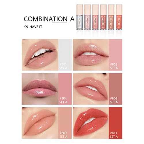 6PCS Lip Oil Light Lipgloss Set, Moisturizing Hydrating Lip Glow Oil Lip Gloss Kit High Shine Lip Plumping Glass Finish Liquid Lipstick for Women (Set A)