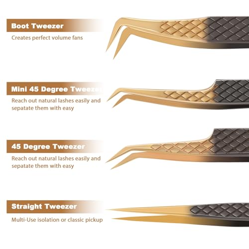 Lash Tweezers for Eyelash Extension, Set of 4 Lash Extension Tweezers with Diamond Grip, High Precision Eyelash Tweezers Set for Volume & Classic Lashes