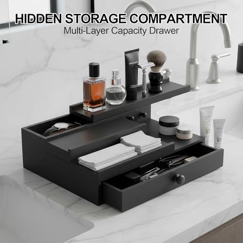 Cologne Organizer for Men,Solid Wood Cologne Stand with Drawer and Hidden Compartments, Cologne Shelf,Dresser Organizers,Organizador de Perfumes,Perfume Stand Organizer for Bedroom,Black