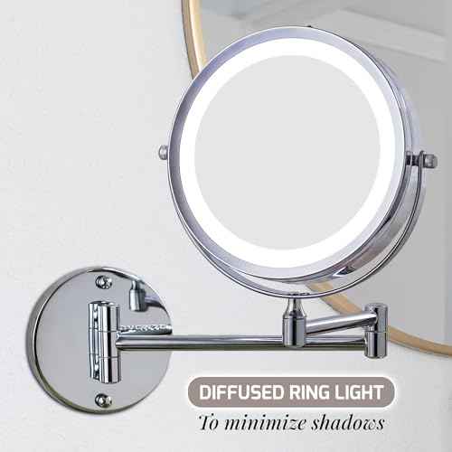 OVENTE Wall Mounted Lighted Makeup Mirror, 7" Double Sided 1X/10X Magnifying Vanity Mirror for Bathroom with LED Lights, Cordless, 360¡Æ Rotation and 13" Extendable Arm, Polished Chrome MFW70CH1X10X