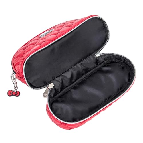 Impressions Vanity Hello Kitty Quilted Arch Travel Makeup Bag Organizer, Hello Kitty Bows Embroidered with Enamel Logo Plate, Bottom Zipper Cosmetic Bag, Black Polyester Lined Interior, Inner Pocket