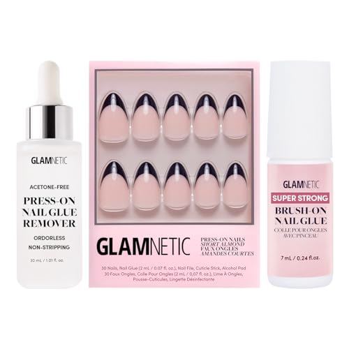 Glamnetic Press-On Nails - Caviar | Super Strong Brush On Nail Glue & Press-On Nail Remover | Semi-Transparent Nails with Black French Tips, Short Almond Shape | Reusable Nail Kit with Glue & Remover
