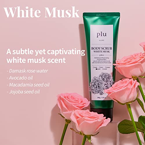 PLU Original Korean Walnut Body Scrub Polish - White Musk - Exfoliating & Hydrating Glow for Smooth, Radiant Skin Texture - Soft Musk Scent, 7.05 oz.