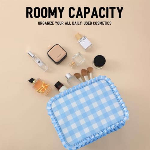 Gingham Ruffle Makeup Bag Large Travel Cosmetic Organizer