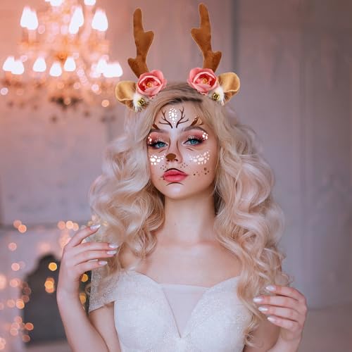 Deer Antlers Headband & Face Tattoos Set - Pink & Brown