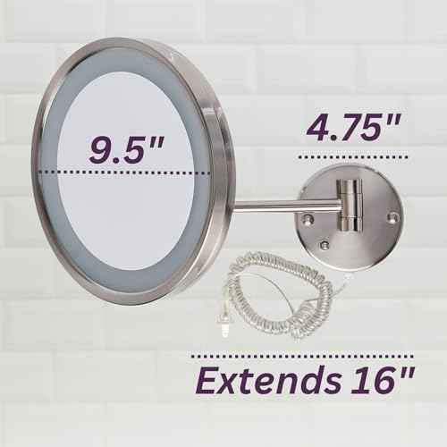 JERDON Lighted Wall-Mounted Makeup Mirror - Magnifying Mirror with LED Lights - 5X - Nickel Finish - Model HL1016NL