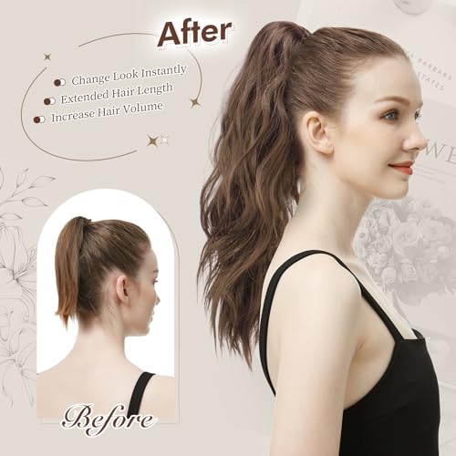 FESHFEN 20" Wavy Ponytail Extension Claw Clip Dark Brown
