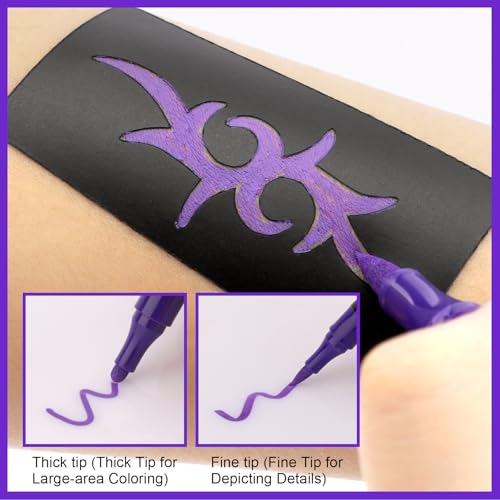 Ponhey Temporary Tattoo Markers for Skin, 24 Body Markers+67 Large Tattoo Stencils,Dual-End Tattoo Pens,Fine Lines with Cosmetic-Grade,Flexible, Skin-Safe Face Paint Kit for Teenage Adults
