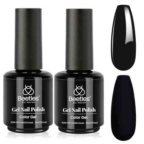 Beetles Black Winter Gel Polish 2Pcs 0.51Fl.OZ Pure Black Gel Nail Polish Set 15ml Dark Base Color Soak Off Uv Nail Lamp Art Manicure DIY Design Gift for Women Long Nights Collection