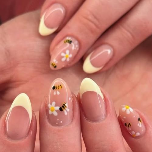 Short Almond Press On Nails with Daisy Bee Design, 24PC