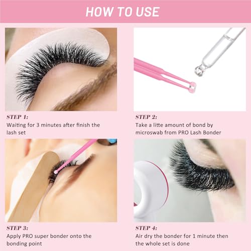 PRO Lash Bonder for Eyelash Extensions - Super Bonder Glue Accelerator, 15ml, Waterproof & Oil-proof, Includes 10 Cotton Swabs & Dropper for Dose Control