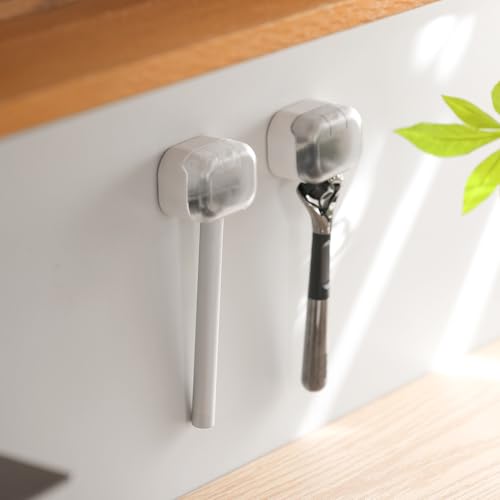 BEZOX Wall Mounted Razor Holder (2-Pack) ? Auto-Closing Dust Cover, No-Drill Adhesive Mount Razors Hanger for Shower & Bathroom ? Sleek Razor Stand for Men, Safety Razor Organizer with Secure Hooks