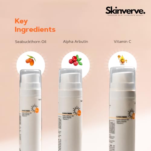 SKINVERVE Broad Spectrum Sunscreen SPF 50++++ 50g | UVA/B Protection with Seabuckthorn Oil, Alpha Arbutin & Vitamin C | Fragrance-Free | For All Skin Types |