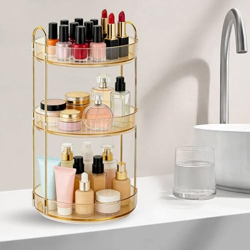 360° Rotating Makeup Organizer - 3 Tier Amber Gold Cosmetic Holder