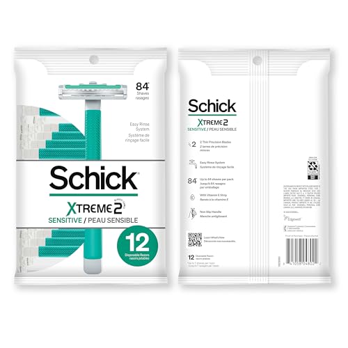 Schick Xtreme 2 Blade Sensitive Skin Disposable Razor For Men, Pack of 12