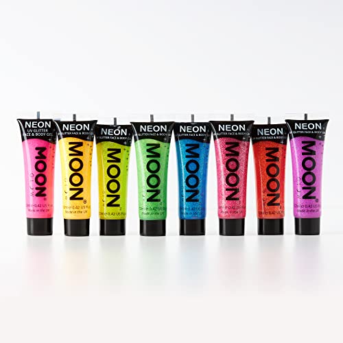 Moon Glow - Blacklight UV Glitter Face & Body Gel - 12ml Set of 8 - Blacklight Face Paint - glows brightly under Blacklight