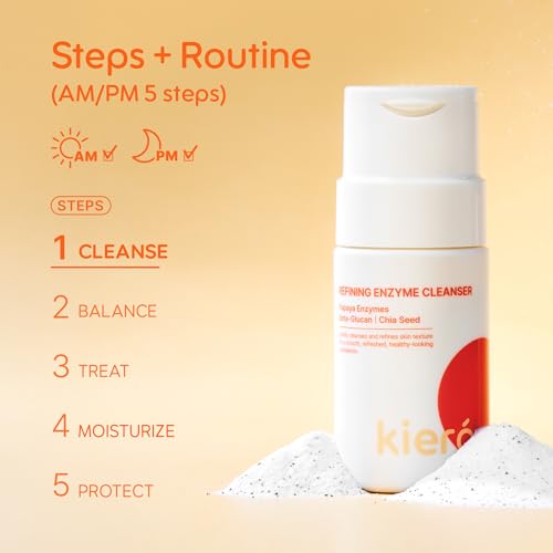 Kiero Refining Enzyme Cleanser - Foaming Enzyme Powder Face Wash with Papaya Enzymes, Chia Seeds & Beta-Glucan - Vegan Facial Cleanser with Gentle Exfoliation for Pore Buildup & Impurities (1.76 oz)